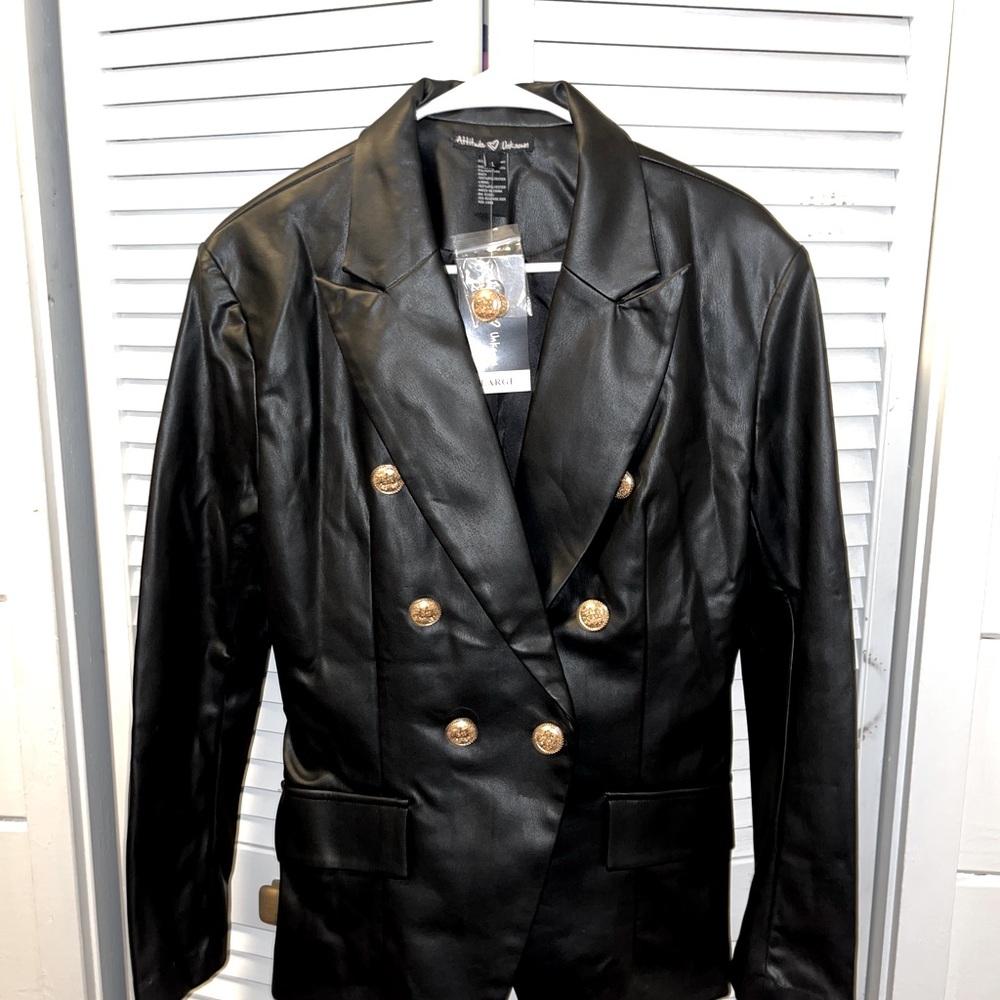Black Faux Leather Blazer with Gold Buttons